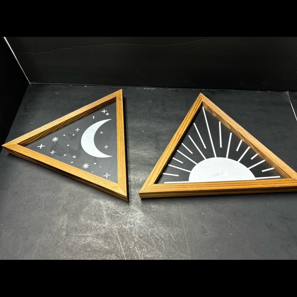 Triangle Moon & Sun Wall Art Pair - Black and Natural Wood